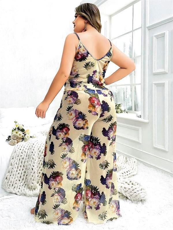 Arias Closet Özel Tasarım Büyük Beden Çiçek Desenli İnce Askılı 2'li Pijama Takımı