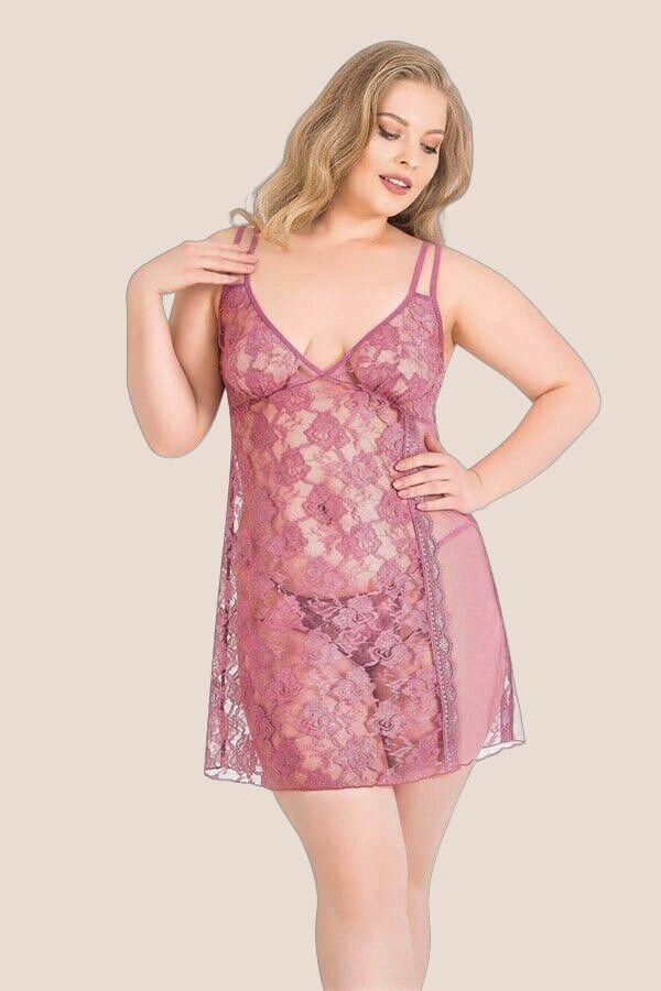 Büyük Beden Gül Kurusu Kısa Tül Gecelik