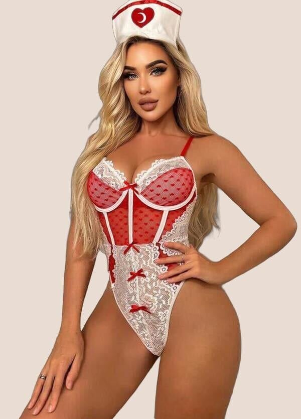 Arias Closet Kırmızı Fantezi Body Hemşire Kostümü