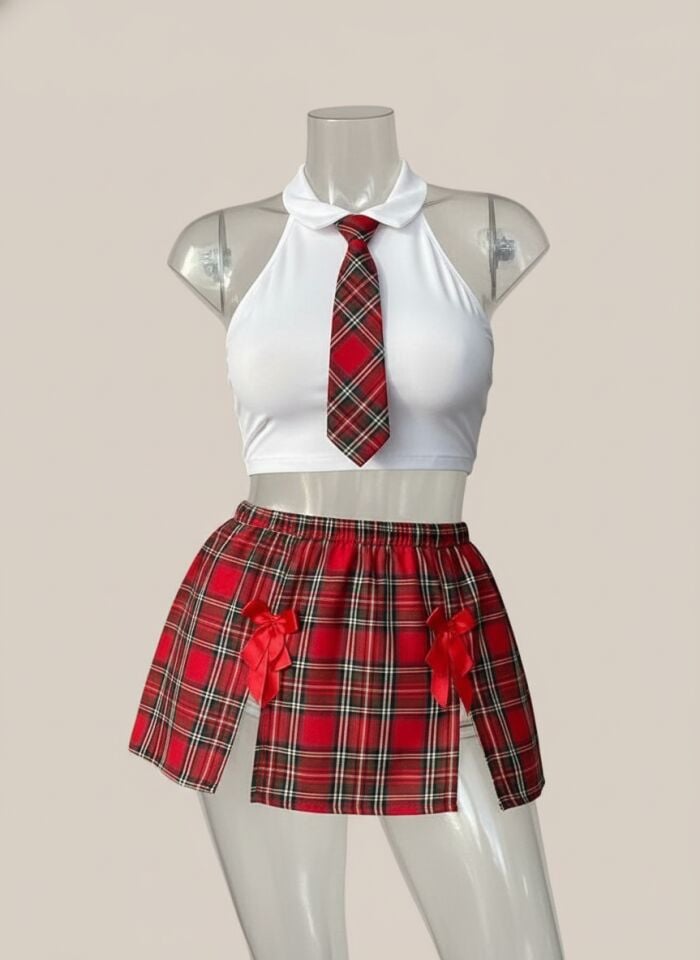 Arias Closet Özel Tasarım Büyük Beden Ekoseli Kravatlı Fantezi Liseli Kostümü