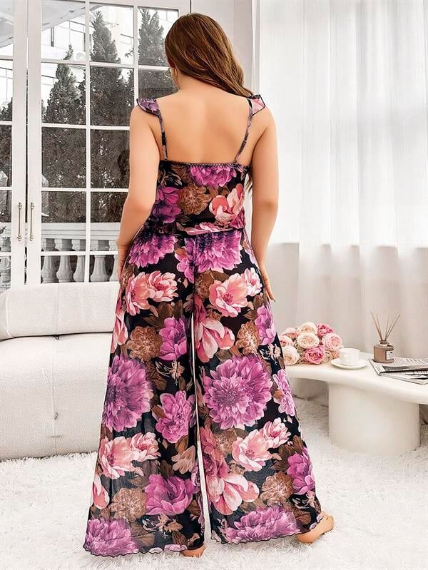Arias Closet Özel Tasarım Büyük Beden Çiçek Desenli Bol Kesim 2'li Pijama Takımı