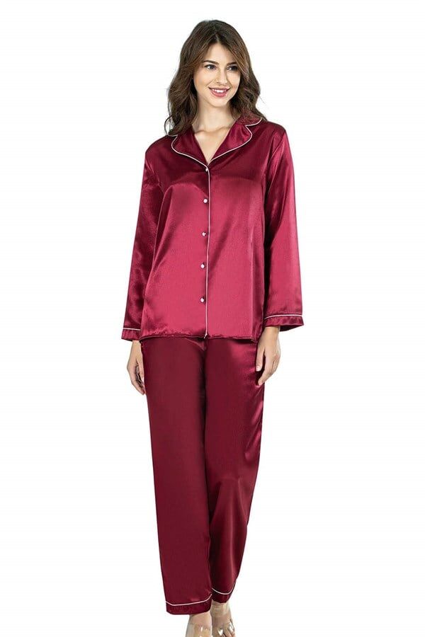 Aria's Closet Bordo İkili Saten Gecelik Pijama Takımı 7647
