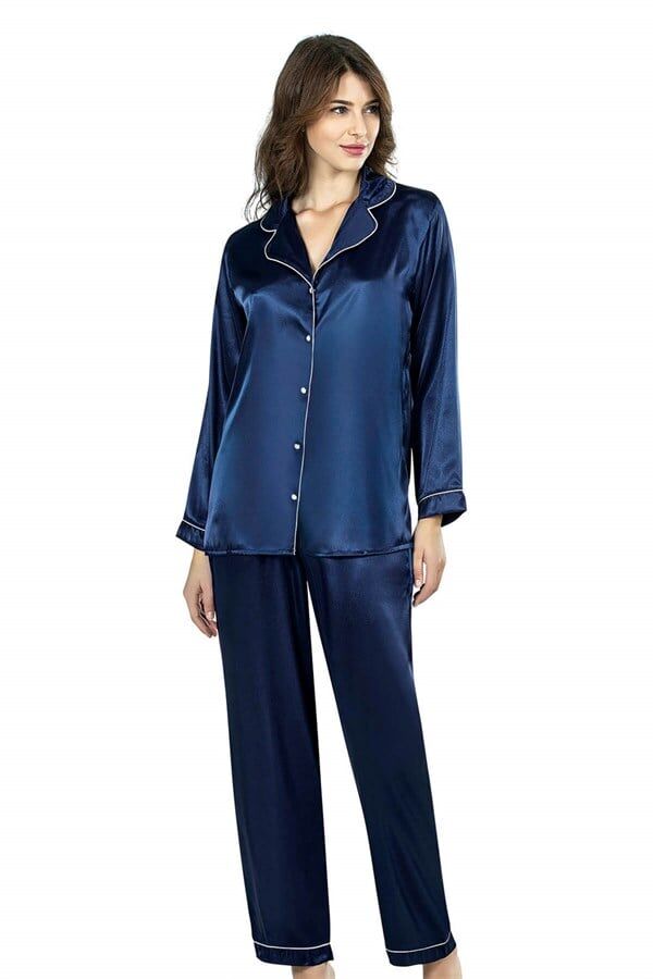 Aria's Closet Lacivert İkili Saten Gecelik Pijama Takımı 7647