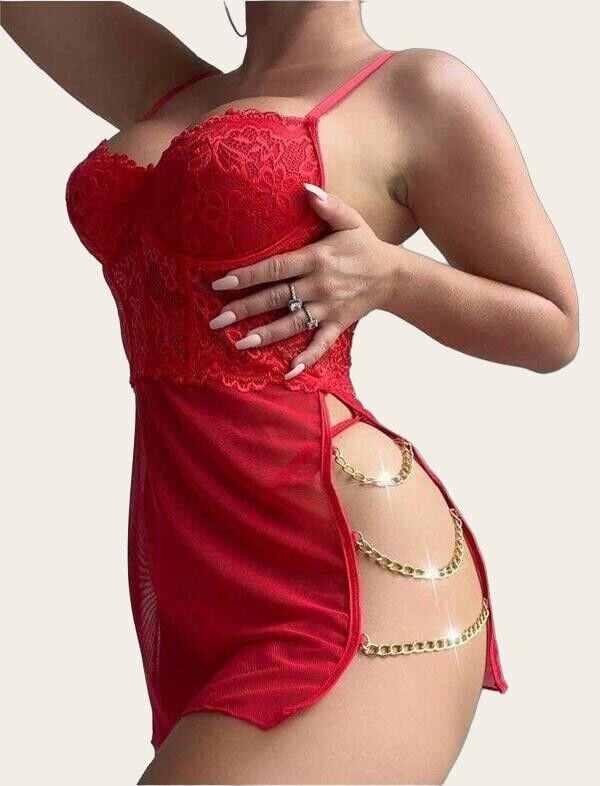 Arias Closet Kırmızı Dantelli Zincir Detaylı Tül Fantezi Gecelik