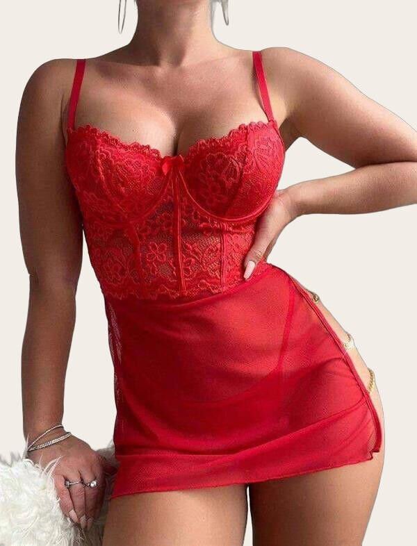 Arias Closet Kırmızı Dantelli Zincir Detaylı Tül Fantezi Gecelik