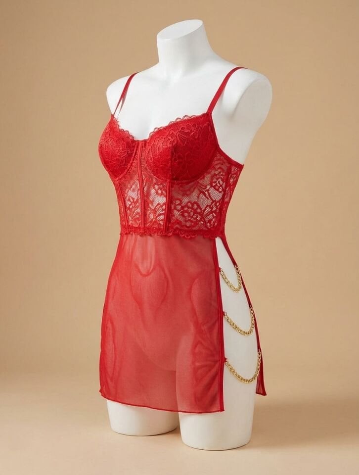 Kırmızı Dantelli Zincir Detaylı Tül Fantezi Gecelik