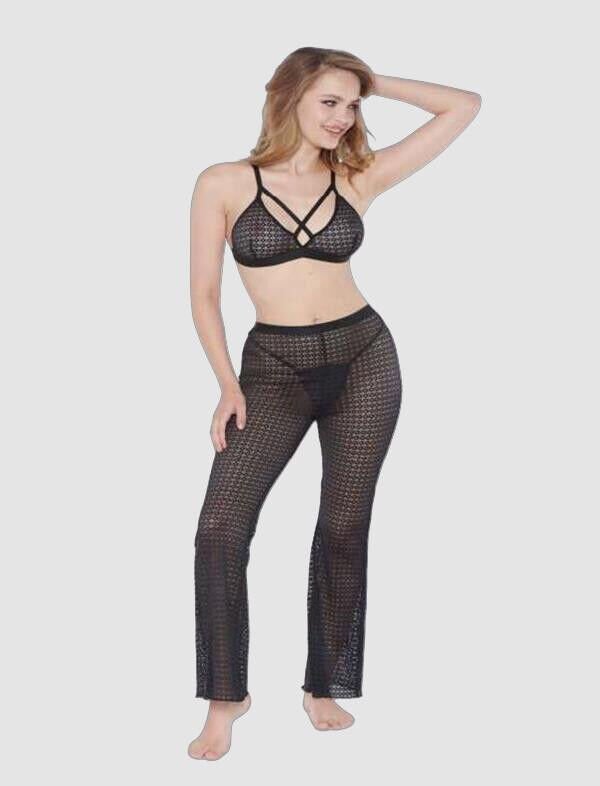 Arias Closet Siyah Transparan Göğüs İp Detaylı Fantezi Sütyen Pijama Takımı