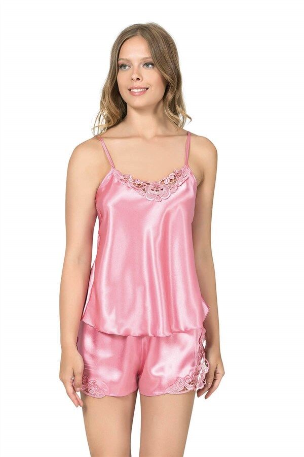 Arias Closet Koyu Pembe Saten Babydoll Şort Takım