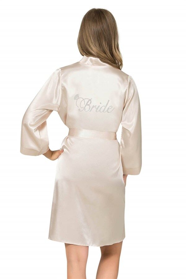 Arias Closet Fildişi Kısa Saten Bride Sabahlık