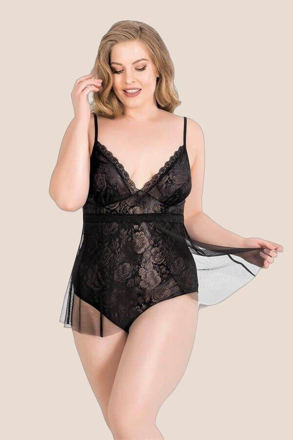 Büyük Beden Siyah Bodysuit Jakarlı Gecelik