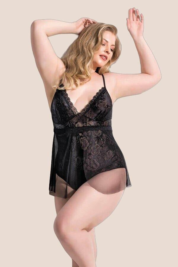 Büyük Beden Siyah Bodysuit Jakarlı Gecelik