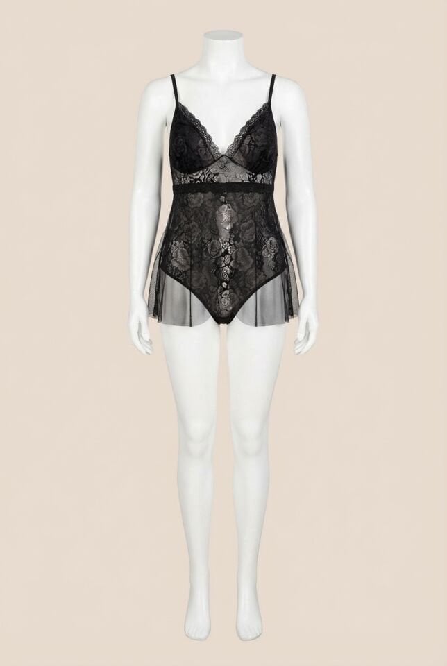 Arias Closet Büyük Beden Siyah Bodysuit Jakarlı Gecelik