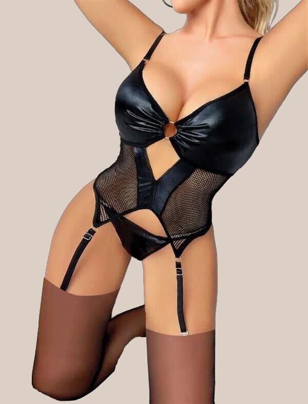 Arias Closet Siyah Deri Fileli Fantezi Jartiyer Takım