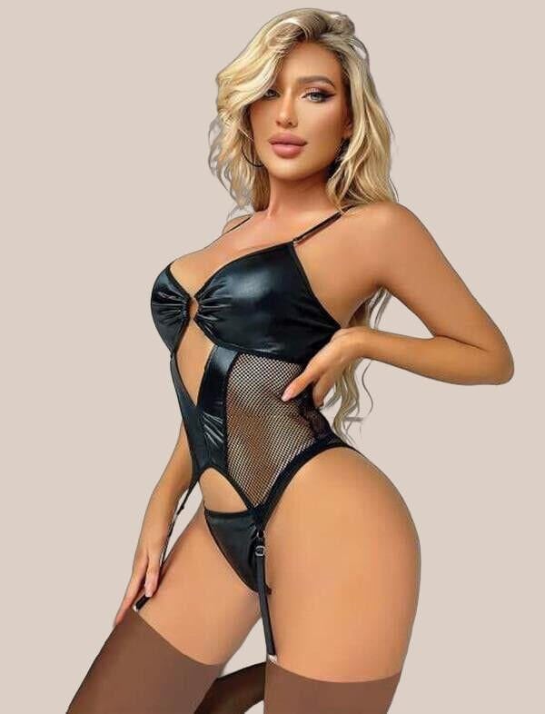 Arias Closet Siyah Deri Fileli Fantezi Jartiyer Takım