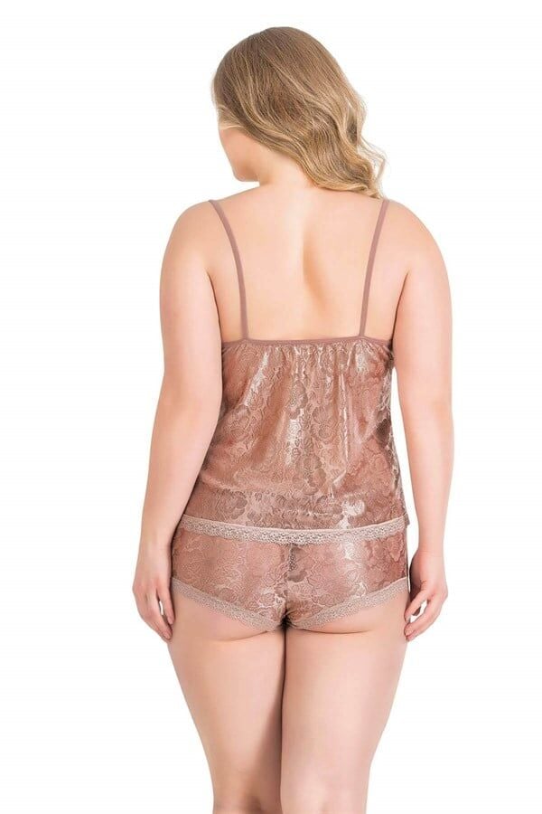 Arias Closet Büyük Beden Vizon Jakarlı Babydoll Şort Takımı
