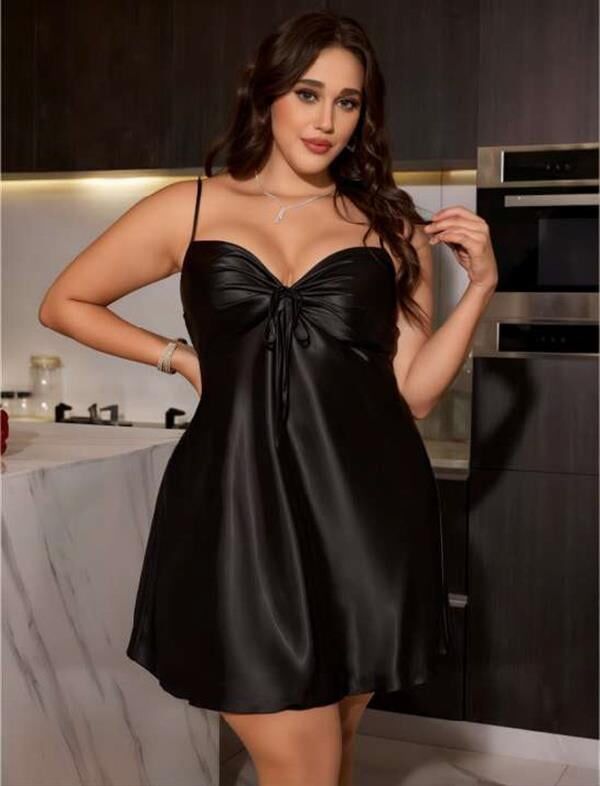 Arias Closet Büyük Beden Sİyah Saten Gecelik