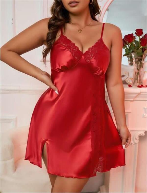 Arias Closet Büyük Beden Kırmızı Dantel Detaylı Saten Gecelik