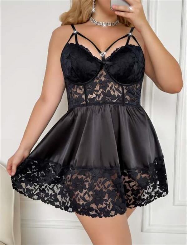 Arias Closet Büyük Beden Dantel İşlemeli Göğüs İp Detaylı Siyah Saten Gecelik