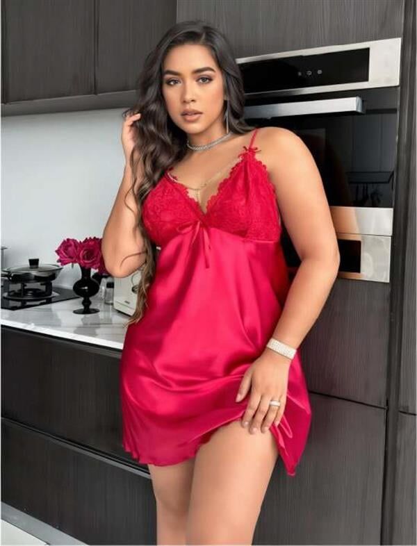 Arias Closet Büyük Beden Kırmızı Dantel İşlemeli Saten Gecelik