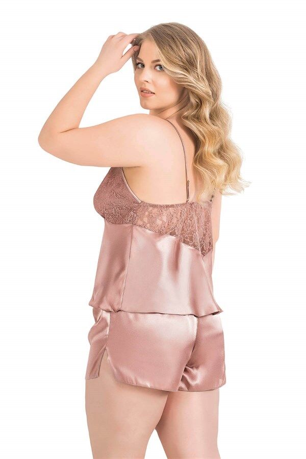 Arias Closet Büyük Beden Vizon Saten Babydoll Şort Takımı