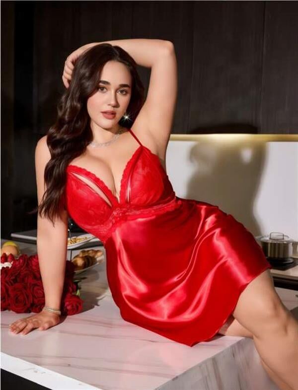 Arias Closet Büyük Beden Kırmızı Dantel Detaylı Saten Gecelik