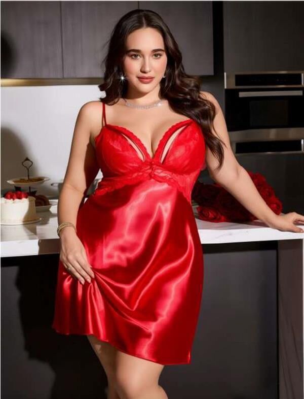 Arias Closet Büyük Beden Kırmızı Dantel Detaylı Saten Gecelik