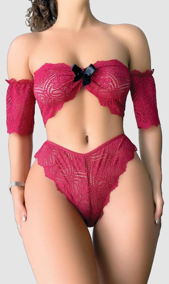 Fiyonk Detaylı Kırmızı Dantel Sütyen Külot Takım