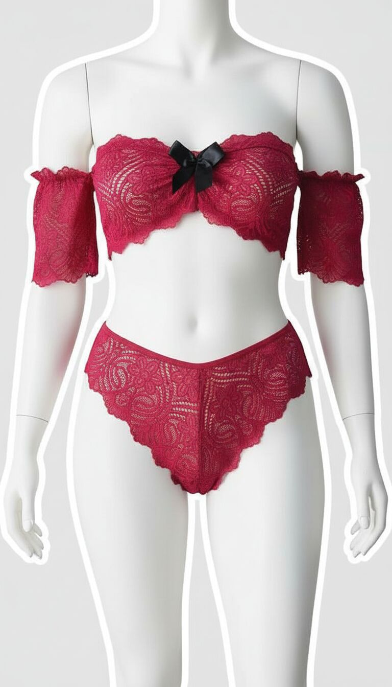 Fiyonk Detaylı Kırmızı Dantel Sütyen Külot Takım