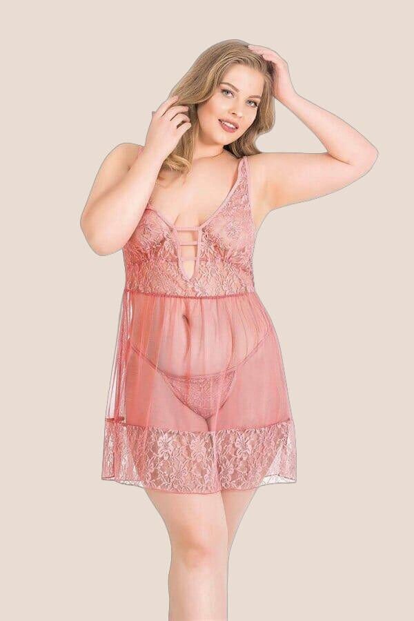 Büyük Beden Mercan Kısa Tül Gecelik