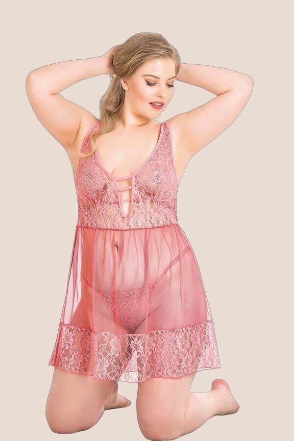 Büyük Beden Mercan Kısa Tül Gecelik