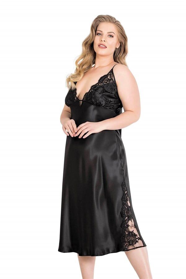 Aria's Closet Büyük Beden Siyah Uzun İkili Saten Sabahlık Gecelik Takımı