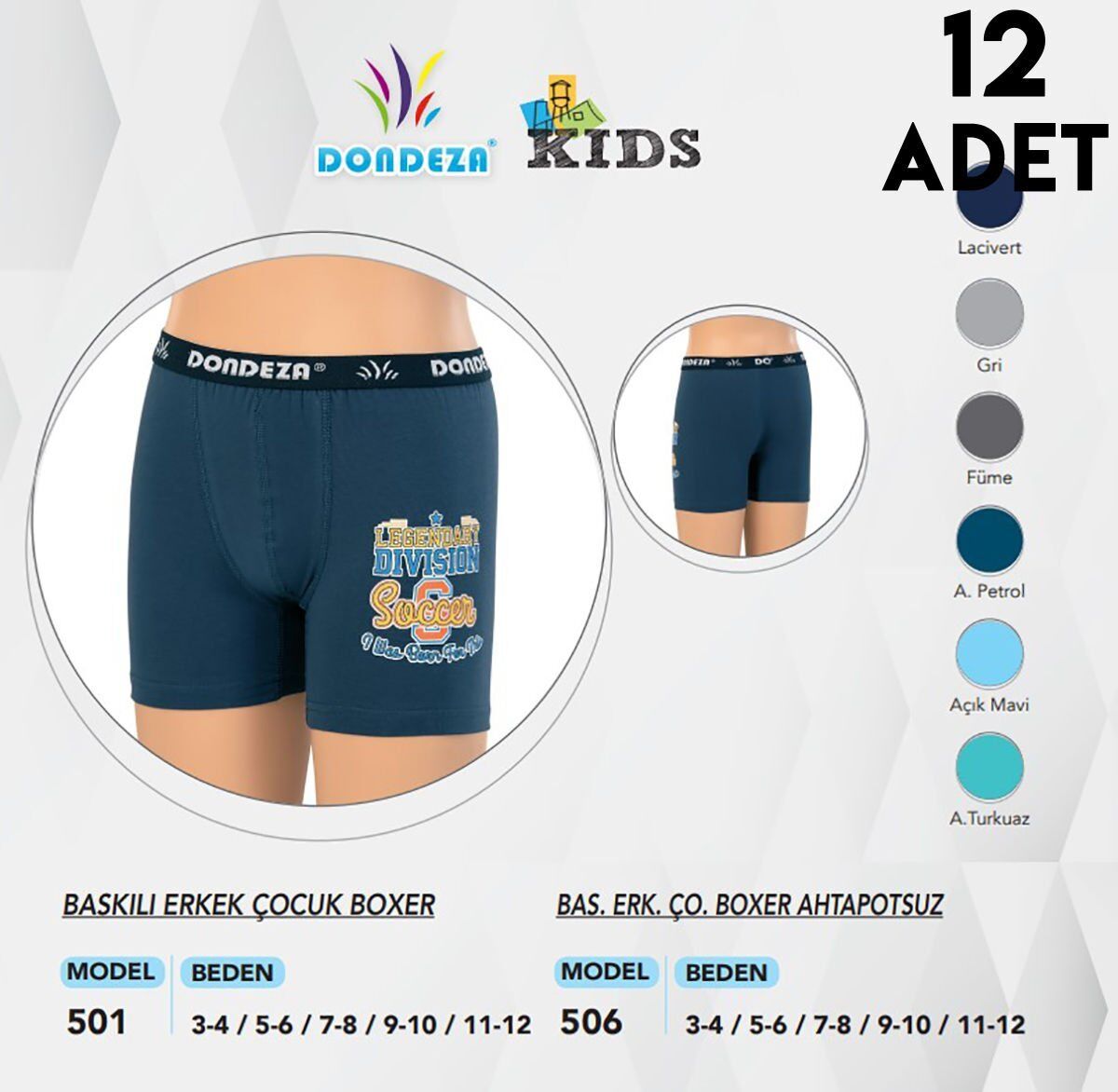 Dondeza 506 Baskılı Erkek Çocuk Boxer 12'li