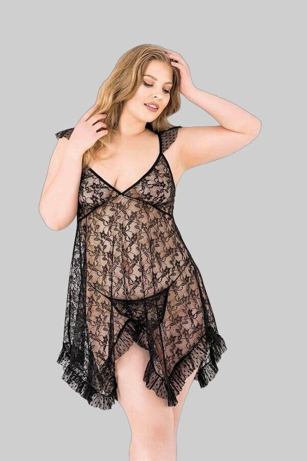 Arias Closet Büyük Beden Siyah Kısa Tül Gecelik