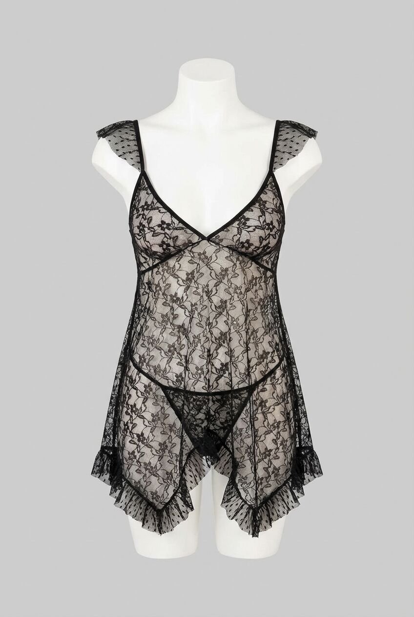 Arias Closet Büyük Beden Siyah Kısa Tül Gecelik