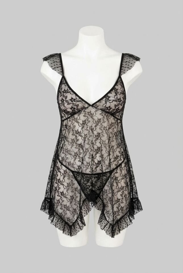 Arias Closet Büyük Beden Siyah Kısa Tül Gecelik