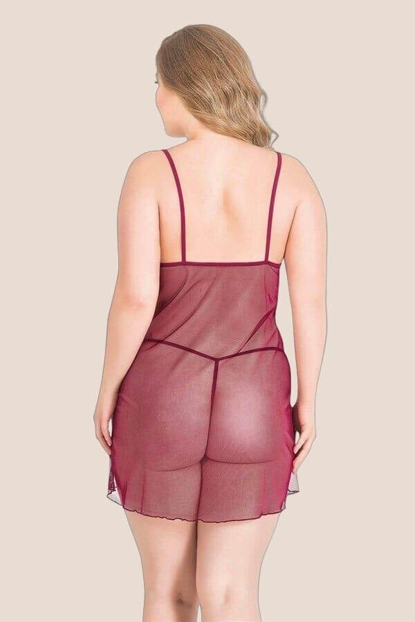 Büyük Beden Bordo Kısa Tül Gecelik