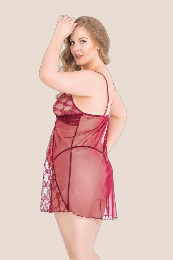 Büyük Beden Bordo Kısa Tül Gecelik