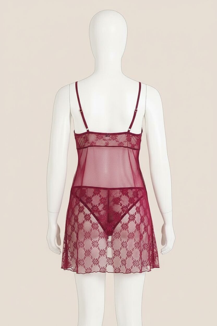 Büyük Beden Bordo Kısa Tül Gecelik