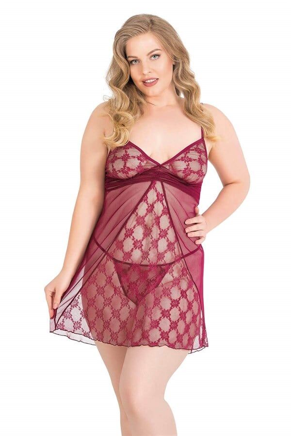 Arias Closet Büyük Beden Bordo Kısa Tül Gecelik