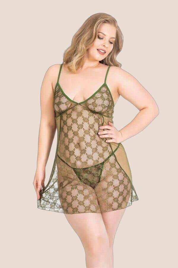 Büyük Beden Haki Kısa Tül Gecelik