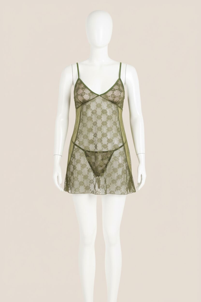 Büyük Beden Haki Kısa Tül Gecelik