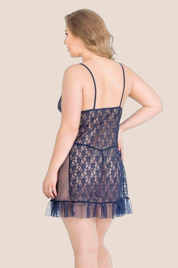 Büyük Beden Lacivert Kısa Tül Gecelik