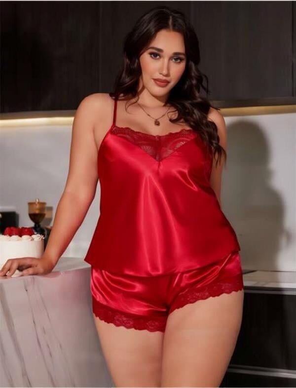 Arias Closet Büyük Beden Kırmızı Dantel İşlemeli Saten Şortlu Takım