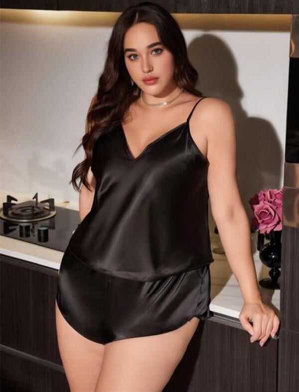 Arias Closet Büyük Beden Siyah Saten Şortlu Takım