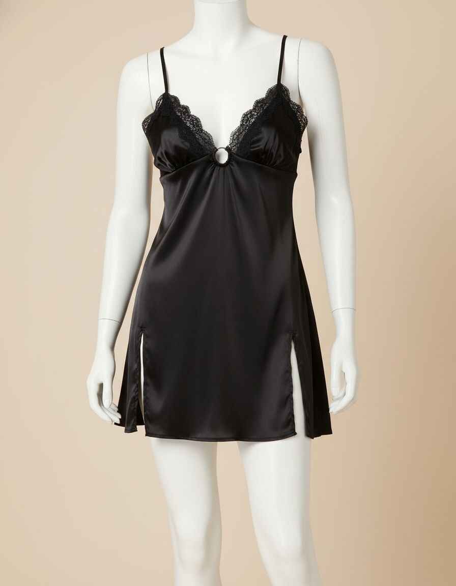Arias Closet Siyah Dantel Detaylı Yandan Yırtmaç İnce Askılı Saten Kısa Fantezi Gecelik