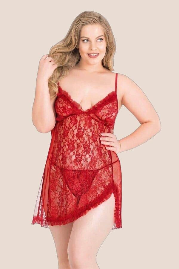 Büyük Beden Kırmızı Kısa Tül Gecelik