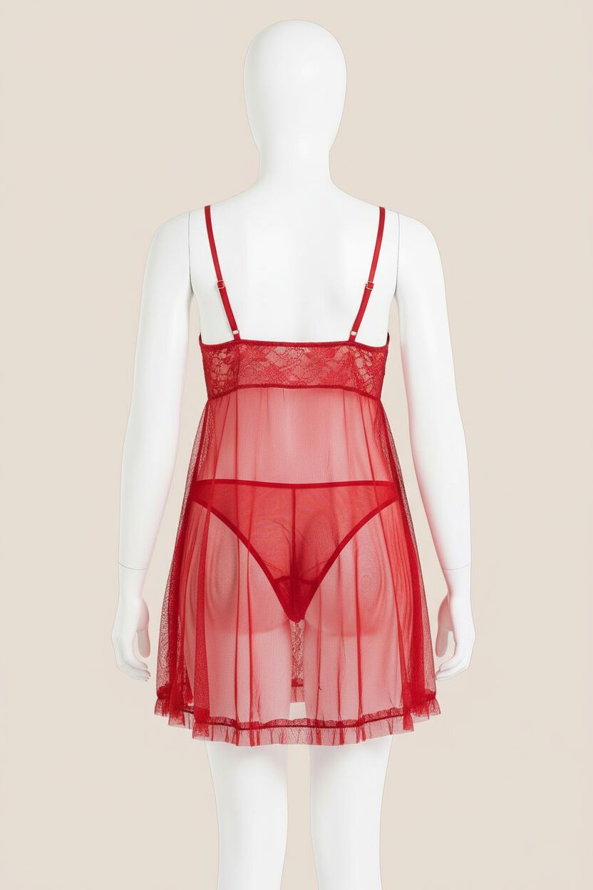 Büyük Beden Kırmızı Kısa Tül Gecelik