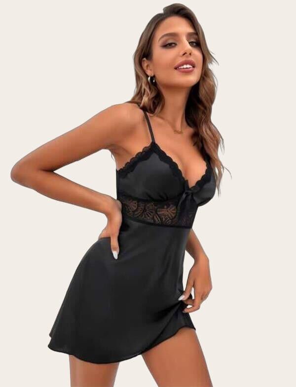 Arias Closet Siyah Dantel Detaylı İnce Askılı Saten Kısa Fantezi Gecelik
