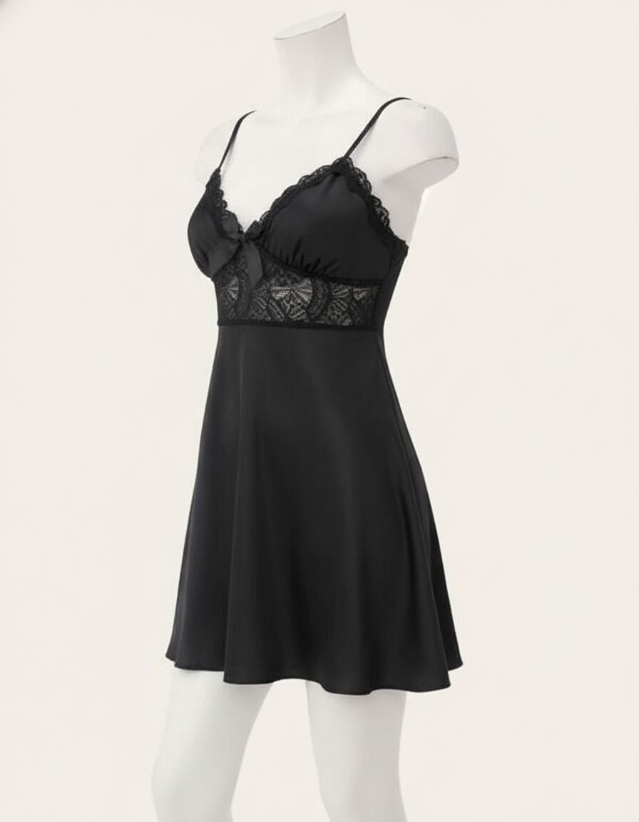 Arias Closet Siyah Dantel Detaylı İnce Askılı Saten Kısa Fantezi Gecelik