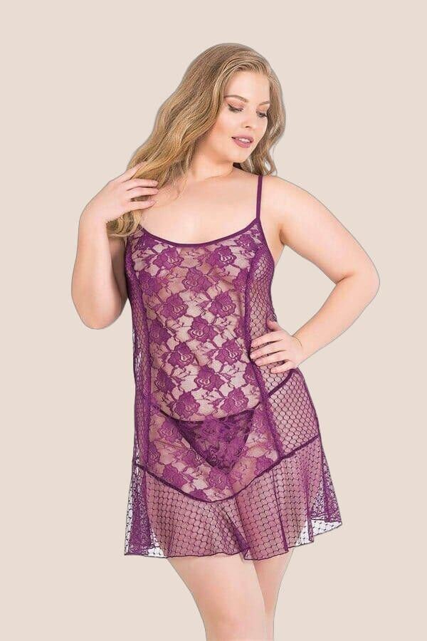 Büyük Beden Mor Kısa Tül Gecelik